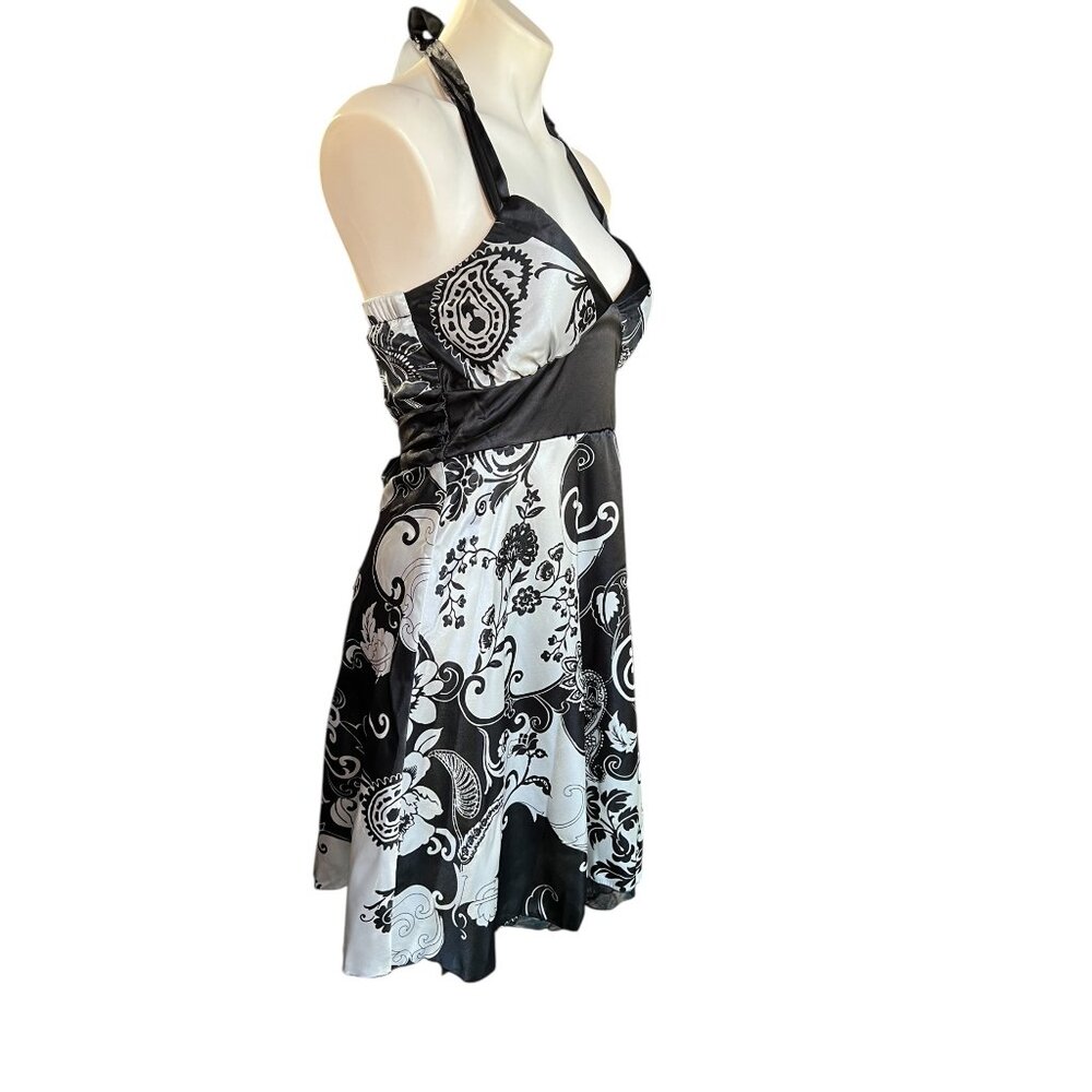 Ruby Rox Womens Halter Dress Size M Satin Floral Black & White Lined with ruffle - Picture 2 of 15